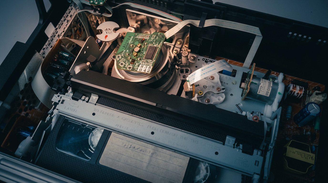 Open VCR showing the spinning head drum, rollers and tape path that read a videotape, with a cassette loaded.