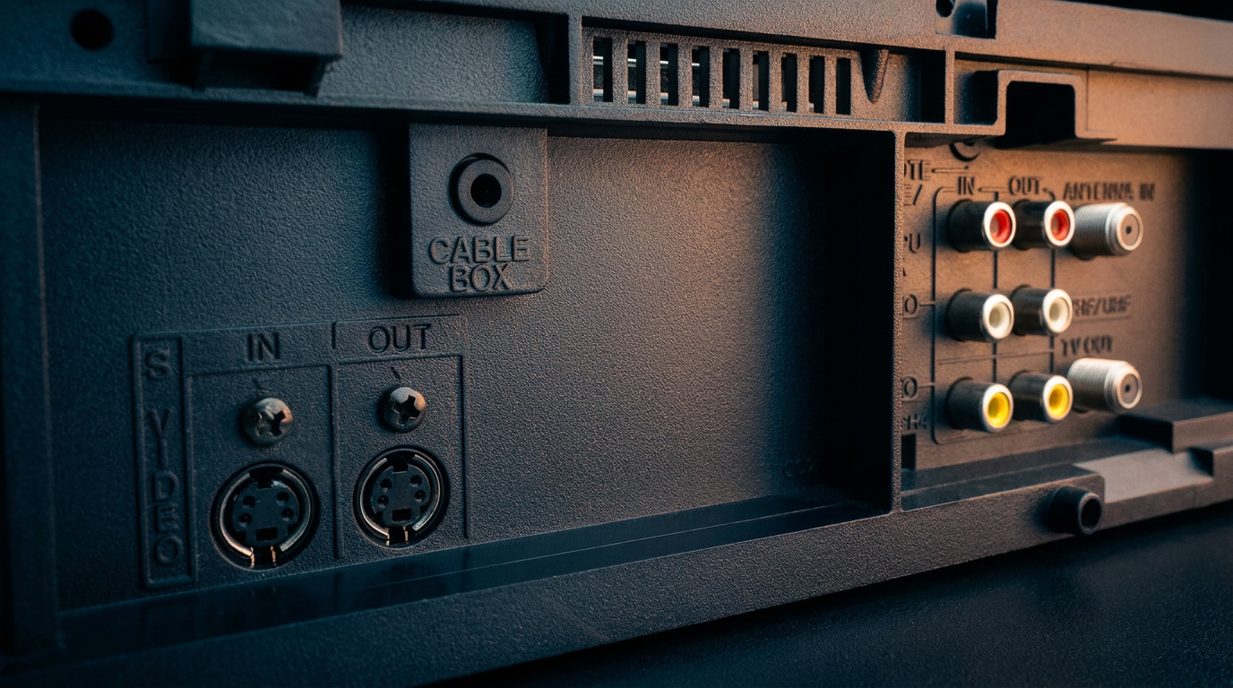 Close-up of an S-Video connector beside the yellow composite video plug and the red and white audio plugs.