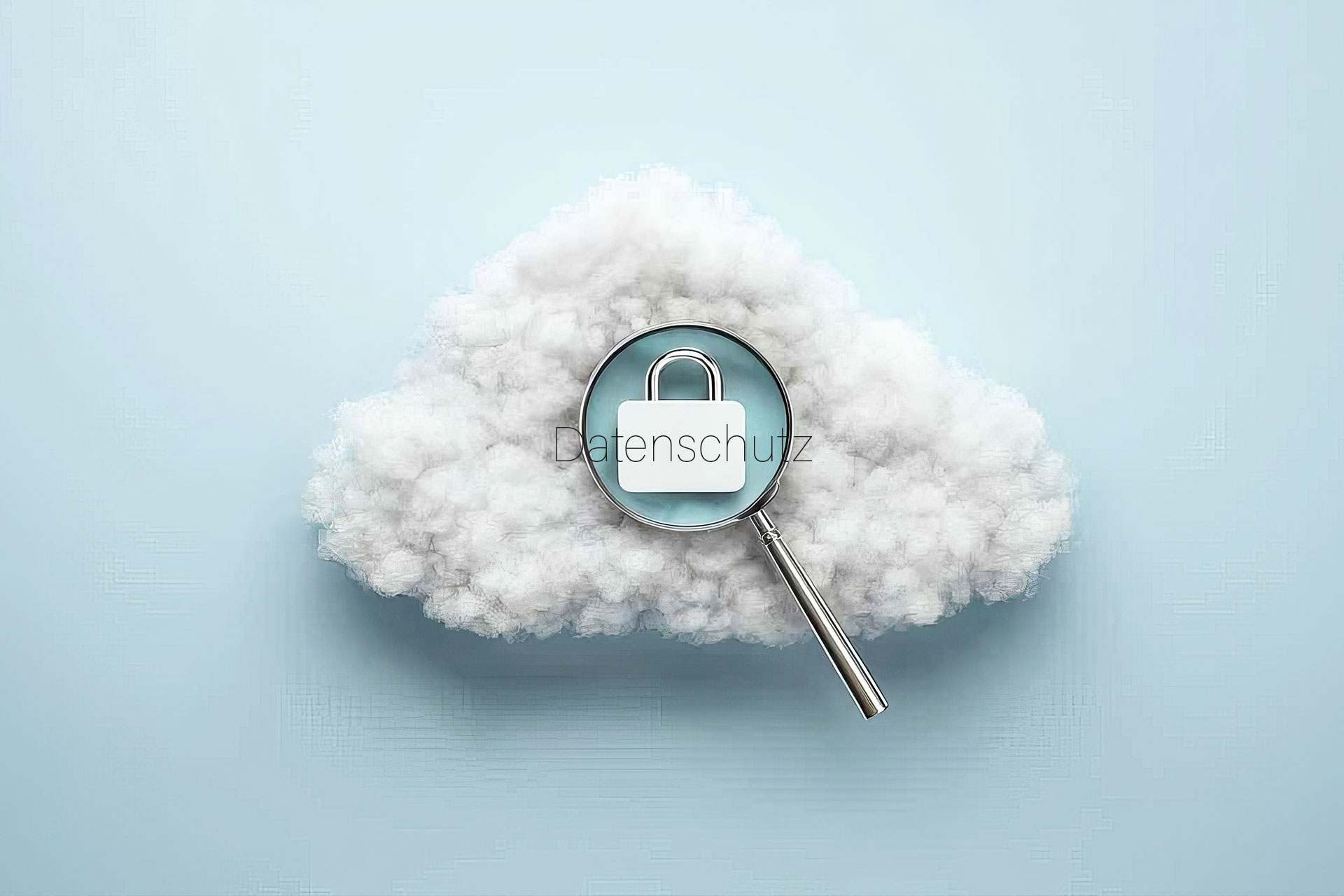 Wolke aus Watte mit einem Vorhängeschloss, das durch eine Lupe betrachtet wird, symbolisiert Datenschutz in der Cloud.