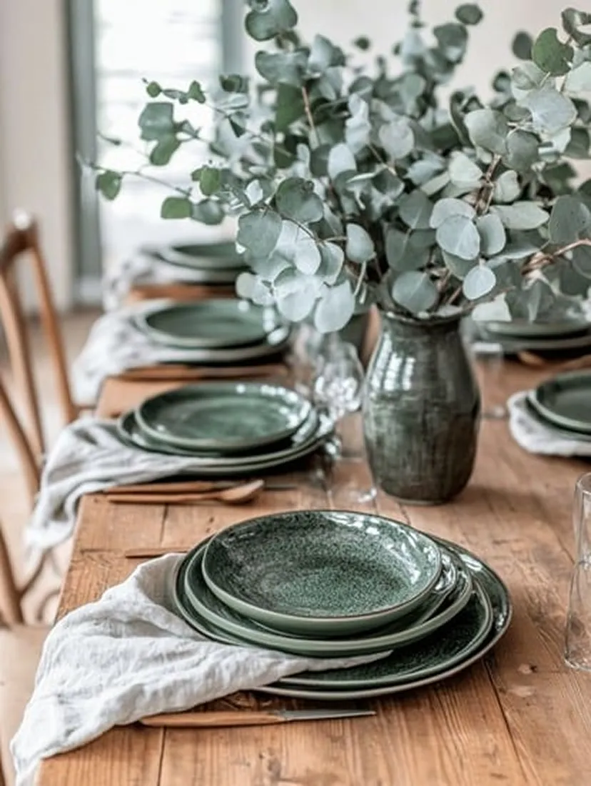 Table dressée avec vaisselle élégante et décoration végétale pour réception traiteur raffinée