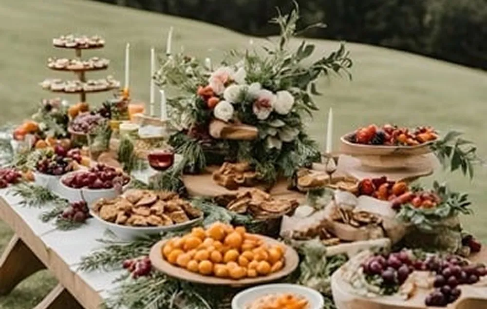 Buffet traiteur rustique avec fruits, fromages et décor floral présenté en extérieur dans une ambiance conviviale et naturelle