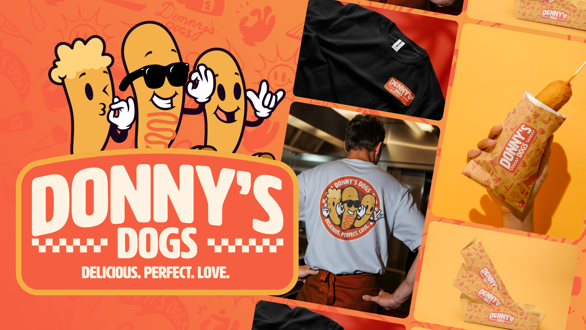 Donny's Dogs brand identity collage featuring the logo and applied project work.