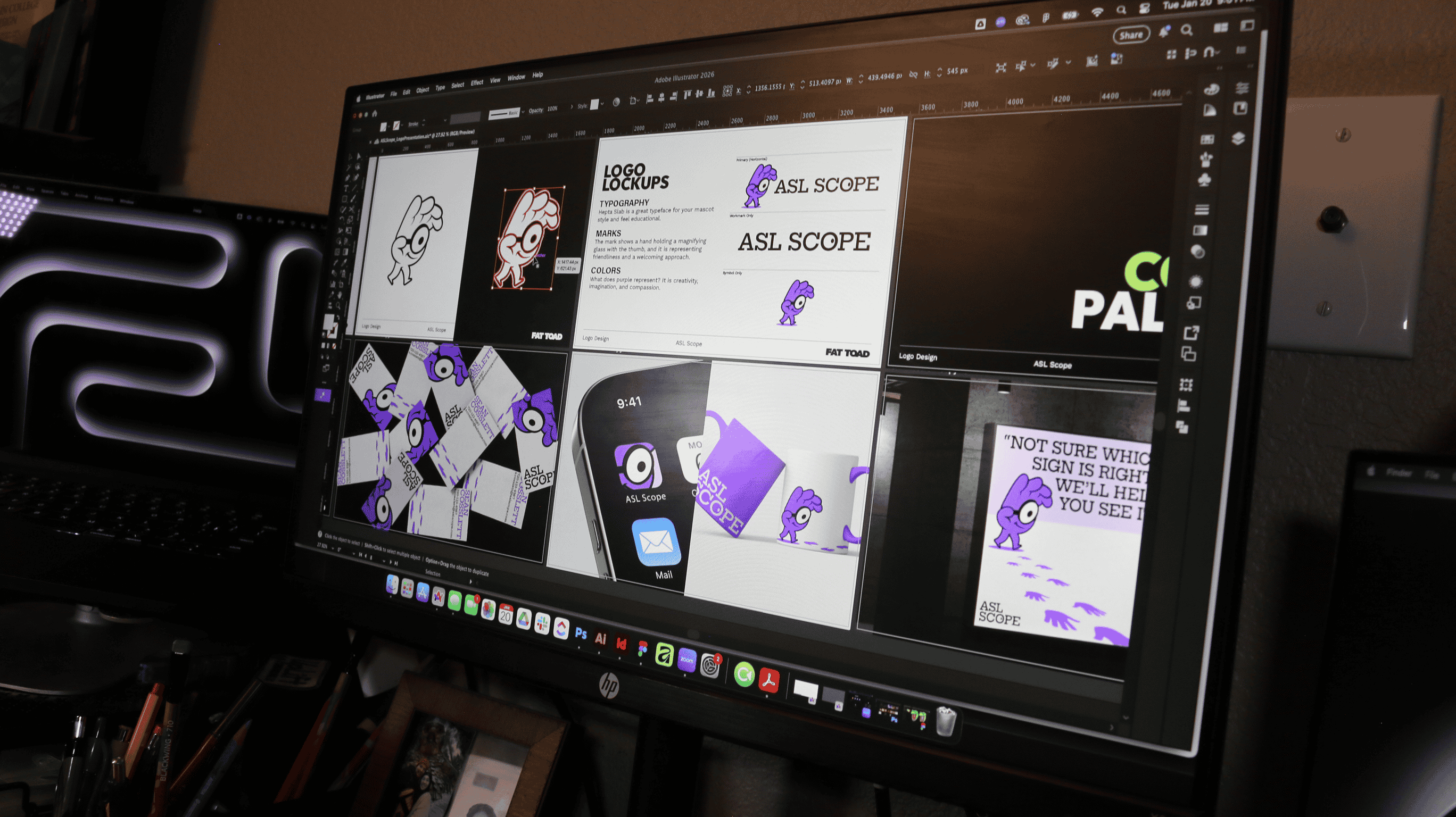 Brand identity presentation screen showing logo variations applied to mockups.