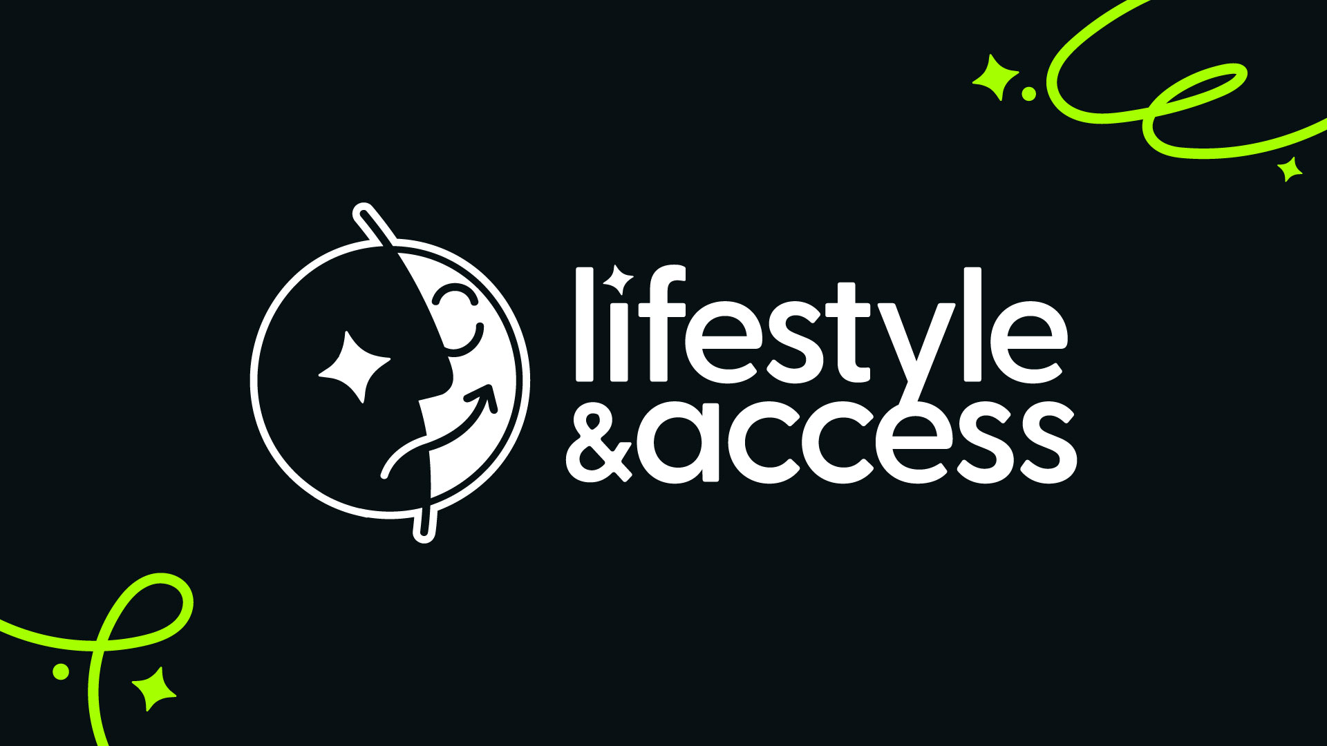 Lifestyle & Access logo in white on black with lime-green accents, featuring a sparkle and figure inside a circular mark.