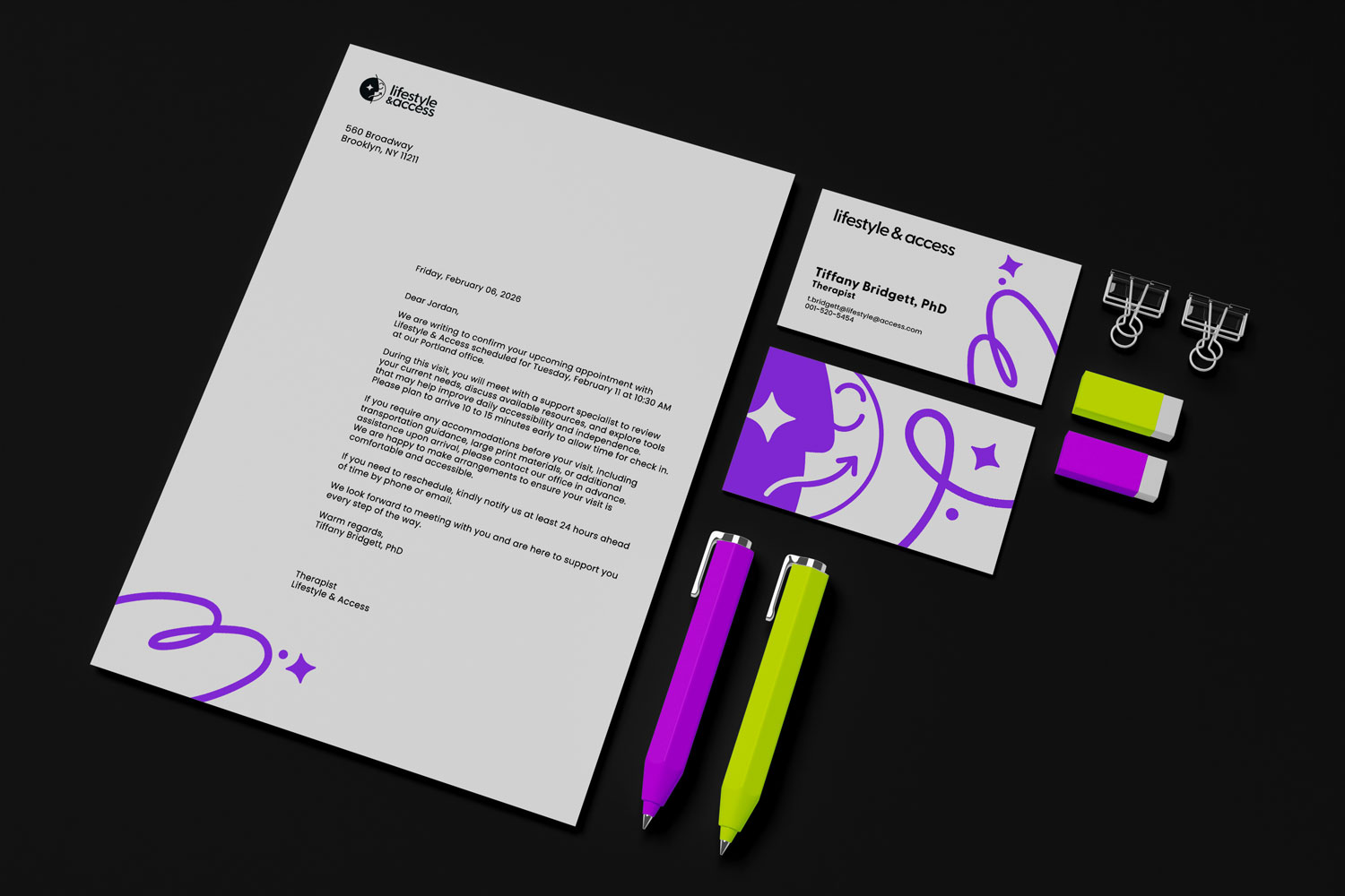 Lifestyle & Access stationery set with letterhead, business card, and brand-colored pencil.