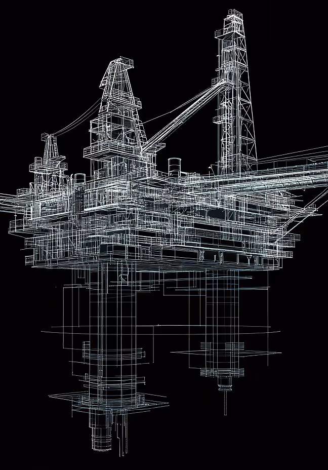Wireframe 3D model of an offshore oil drilling platform against a black background.
