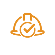 Orange hard hat with a checkmark inside a circle in front of it, symbolizing safety or approval.