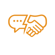 Orange handshake icon combined with a speech bubble representing communication or agreement.