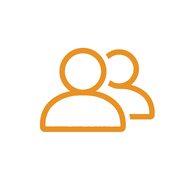 Icon of two orange user silhouettes, one behind the other, on a white rounded square background.