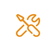 Orange line icon of crossed wrench and screwdriver on white rounded square background.
