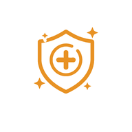 Orange shield with a plus sign in the center and sparkles around it on a white background.