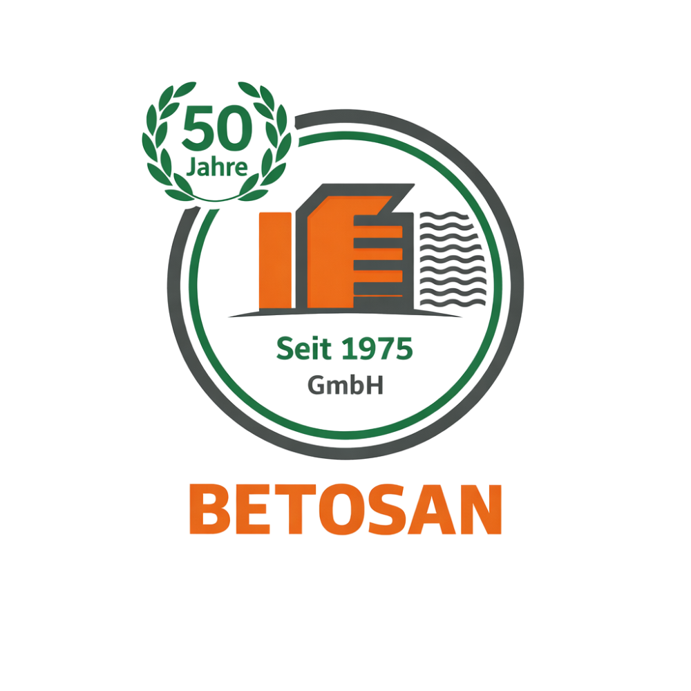 Logo with orange geometric shapes, green and gray circular lines, text saying '50 Jahre' inside a green laurel wreath, 'Seit 1975 GmbH' and 'BETOSAN' in orange below.