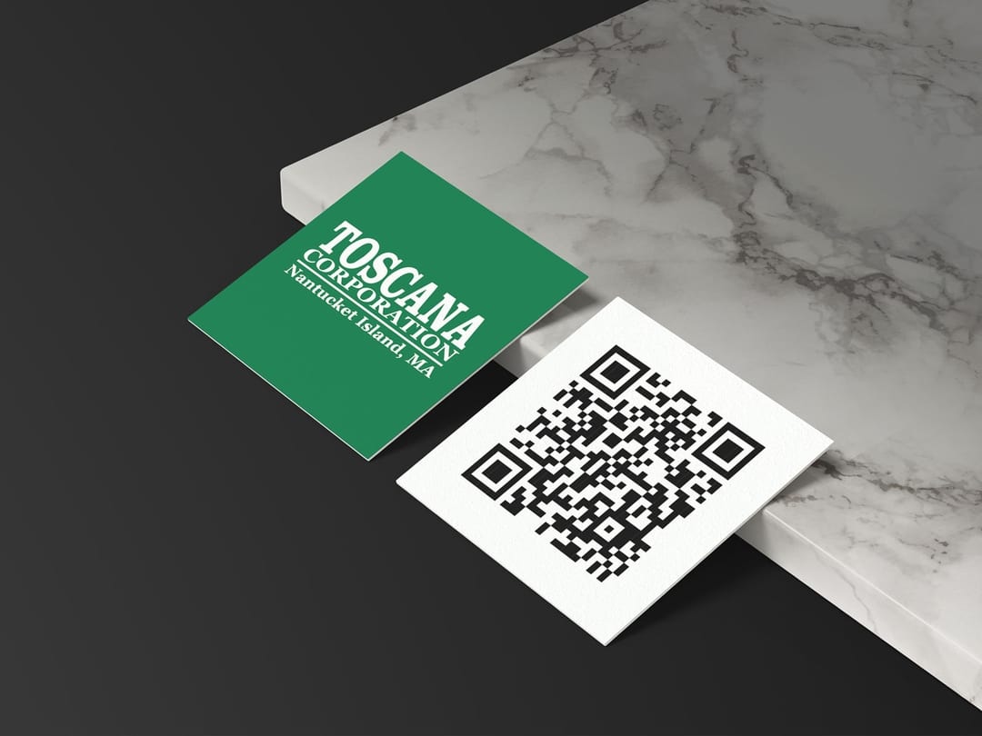 Premium double-sided square QR code cards on heavy cardstock for Toscana Corp, designed by Nantucket Studio to bridge on-island field operations with eCommerce.