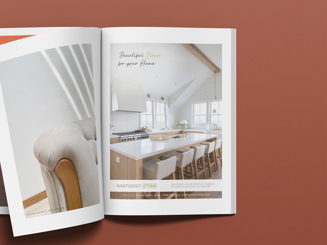 High-end print advertisement for Nantucket Stone designed by Nantucket Studio, featured in a premier Nantucket luxury lifestyle magazine.