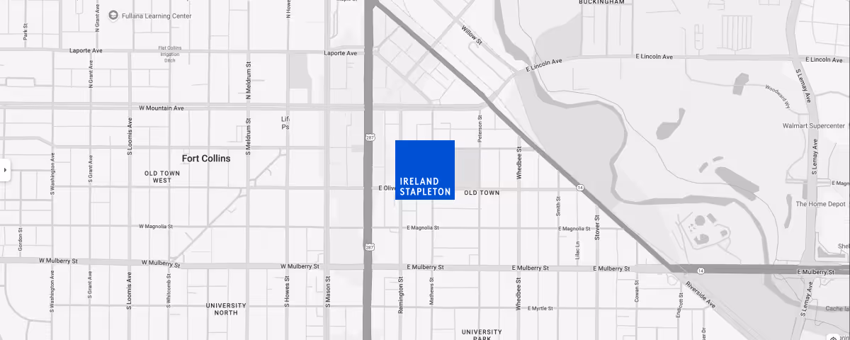 map of Fort Collins, Colorado with a pin of the Ireland Stapleton office location