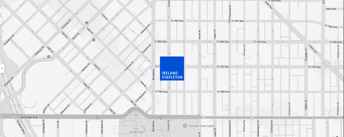 map of Denver, Colorado with a pin of the Ireland Stapleton office location