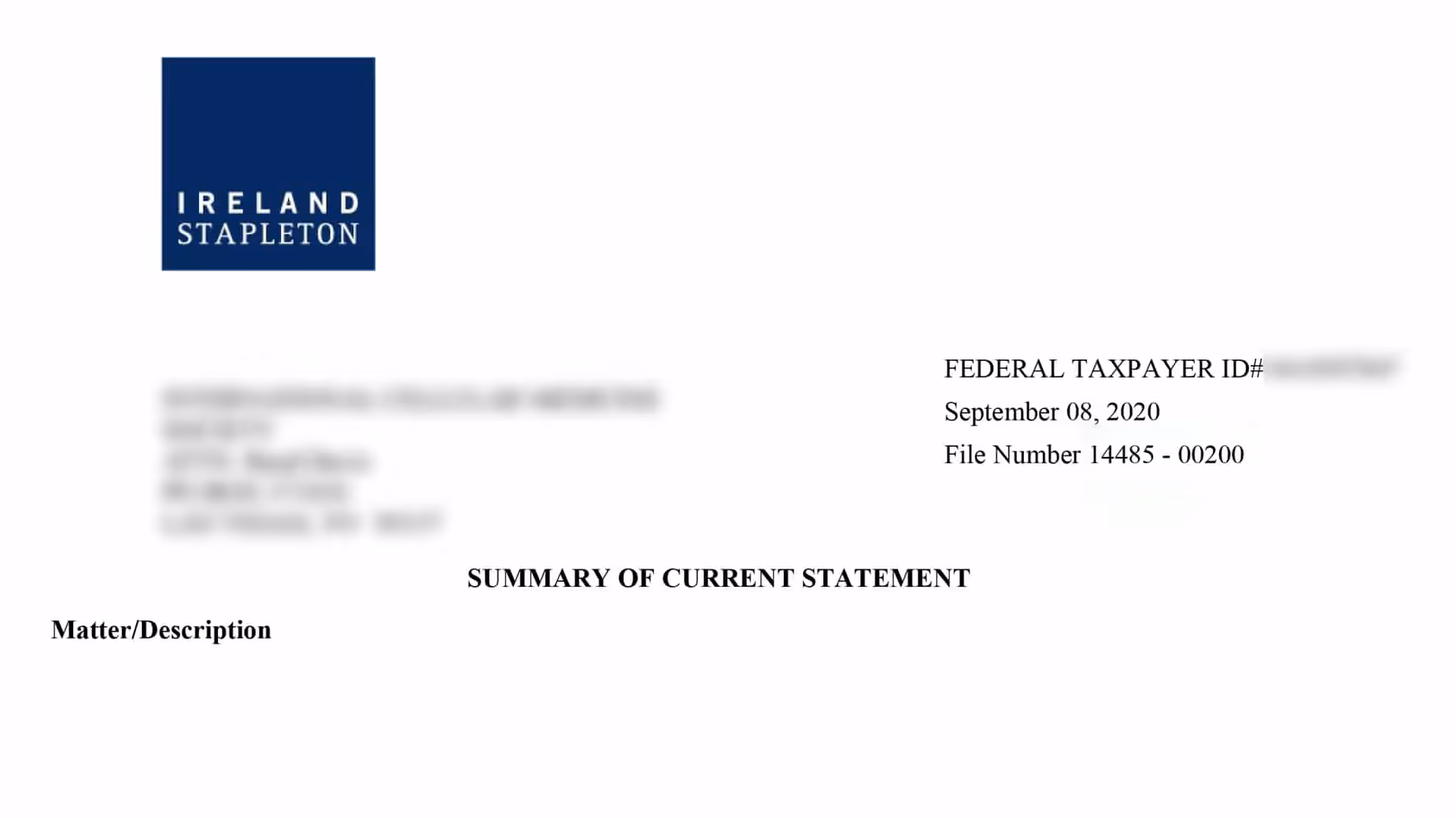 Document header with Ireland Stapleton logo, a federal taxpayer ID, date September 08, 2020, file number 14485-00200, and title Summary of Current Statement.