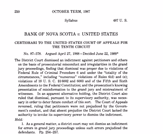 Page from United States Supreme Court syllabus of Bank of Nova Scotia v. United States, detailing court case summary and legal holding about dismissal of indictments in grand jury proceedings due to prosecutorial misconduct.