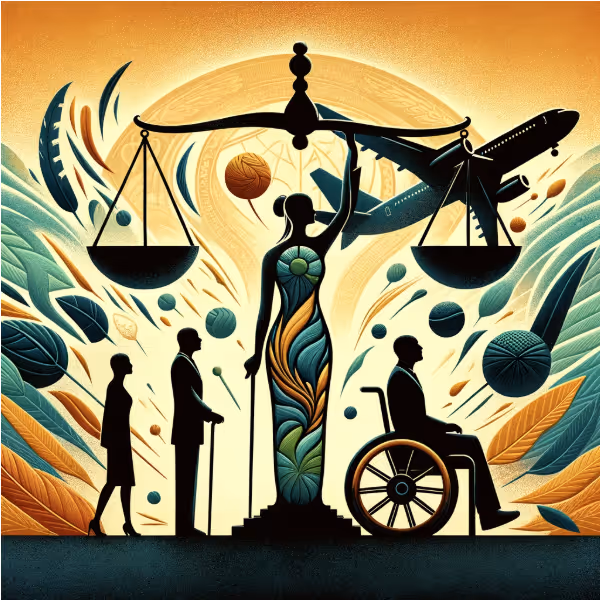 Artistic silhouette of Lady Justice holding balanced scales with diverse human figures including a person with a cane and one in a wheelchair, surrounded by abstract natural and geometric shapes.