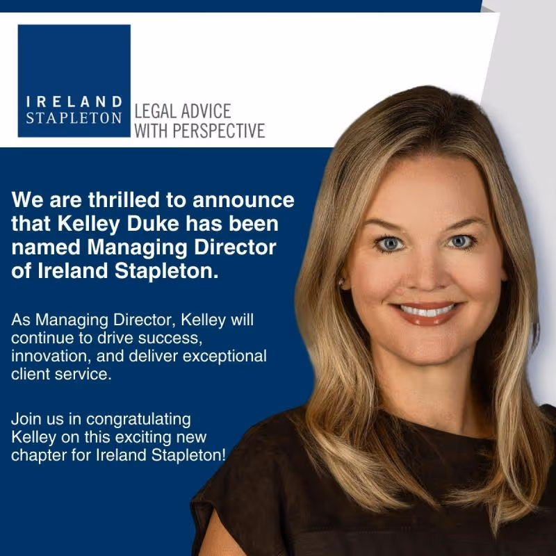 Announcement image showing a smiling woman with blonde hair named Kelley Duke, who is appointed as Managing Director of Ireland Stapleton, featuring the company logo and congratulatory text.