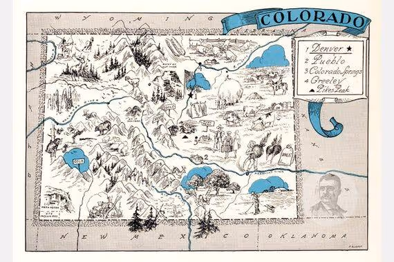 Vintage illustrated map of Colorado highlighting mountains, lakes, animals, trees, and a list of notable locations including Denver, Pueblo, and Pike's Peak.