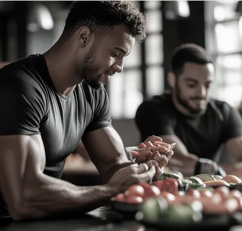 Two men preparing healthy meals with vegetables and fruits.
