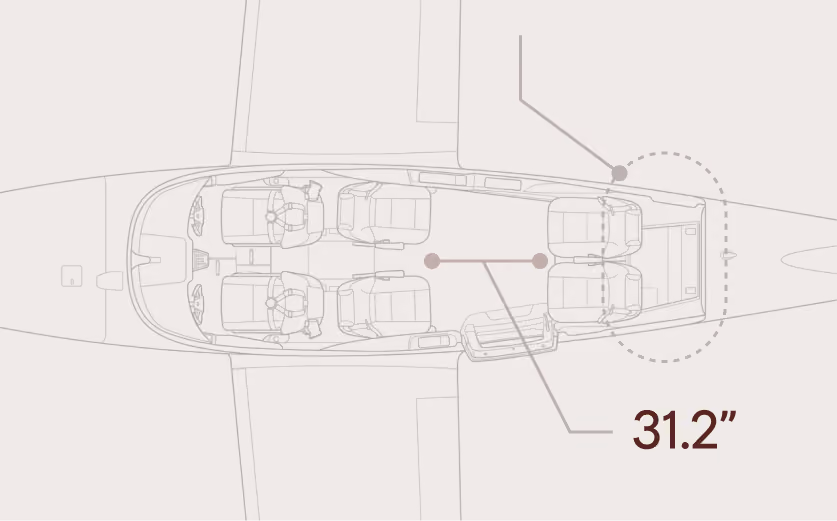 Overhead diagram of the Epic E1000 cabin layout with a 31.2-inch legroom measurement