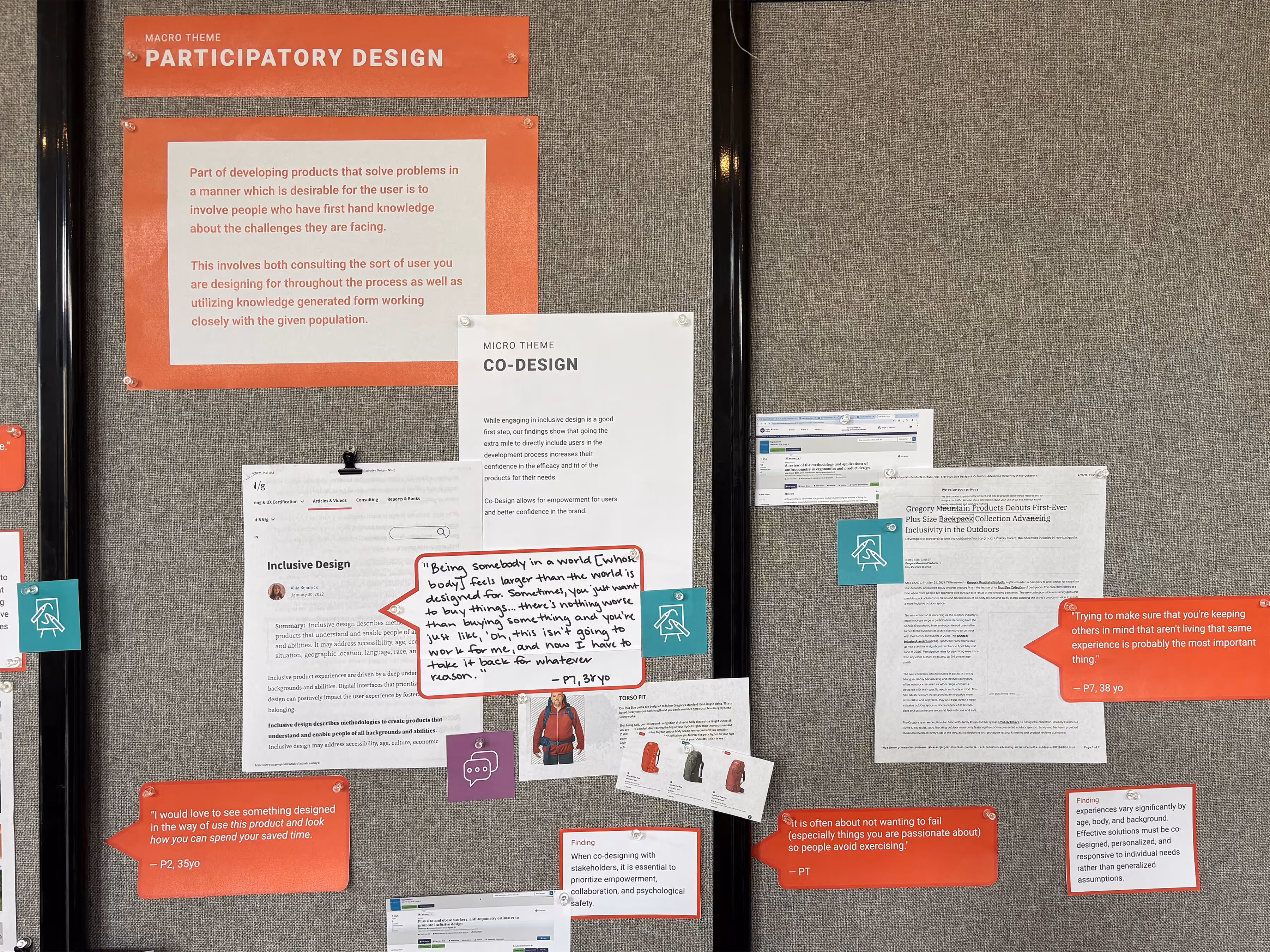 Pin up board with information about participatory design and co-design, surrounded by participant quotes, research articles, and insights from the research.