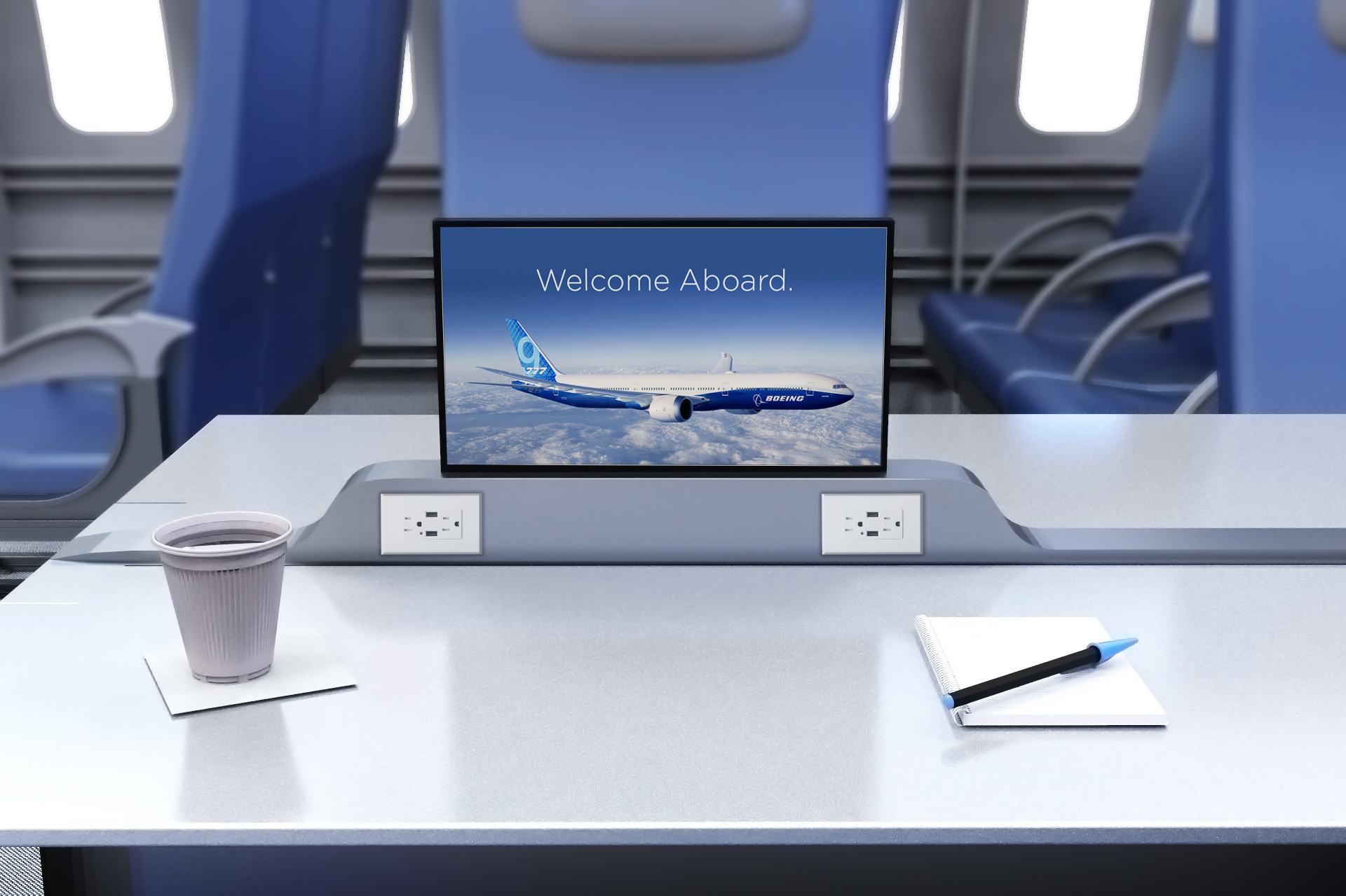 A screen welcoming travelers onto the plane