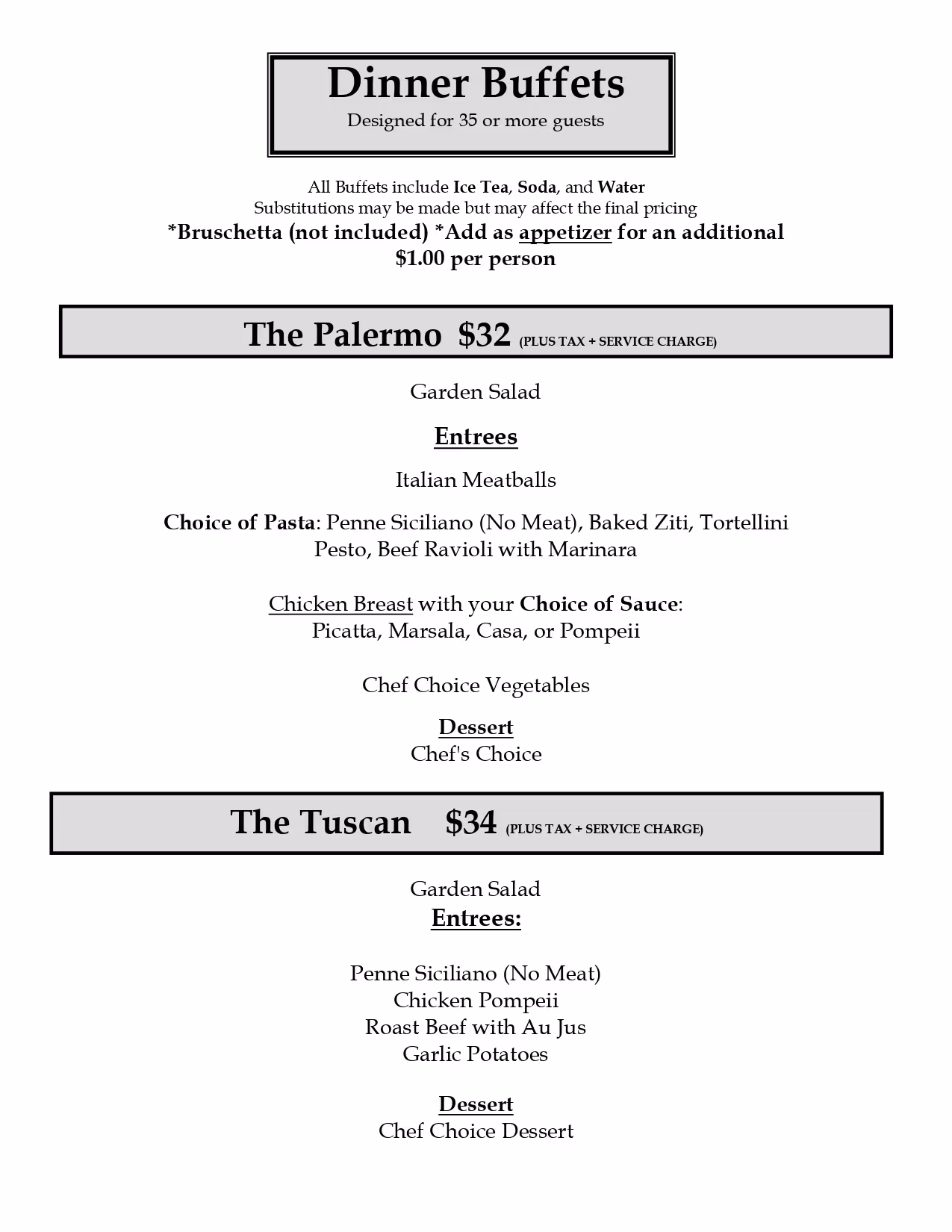 Buffet menu page 1.