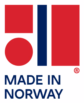 Rød, hvit og blå Made in Norway-logo.