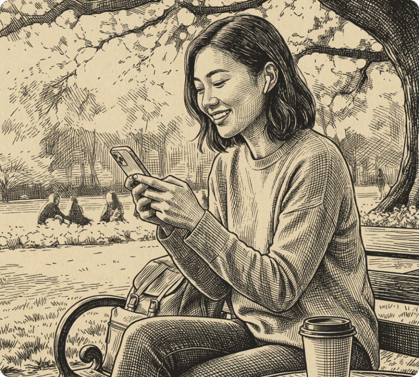 Illustration of a woman sitting on a park bench, smiling while looking at her smartphone with a coffee cup beside her.