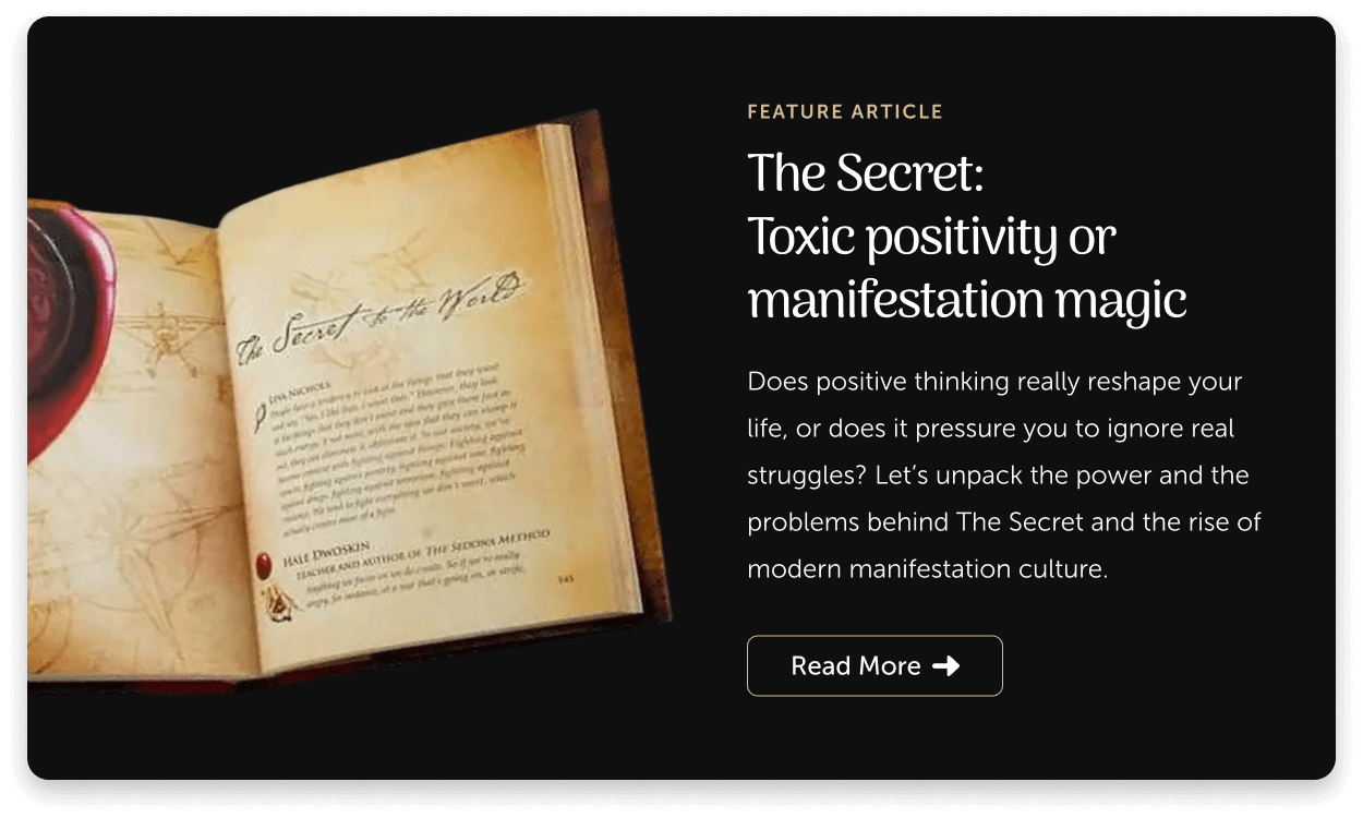 Open book with the title 'The Secret to the World' beside text about toxic positivity and manifestation magic, and a 'Read More' button.
