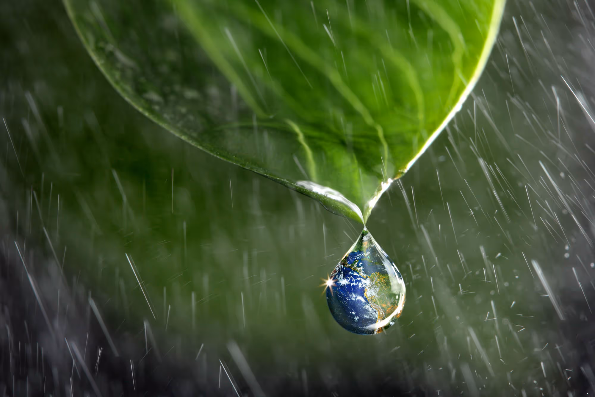 Goutte d'eau suspendue au bout d'une feuille verte avec une image de la Terre à l'intérieur, sous la pluie.