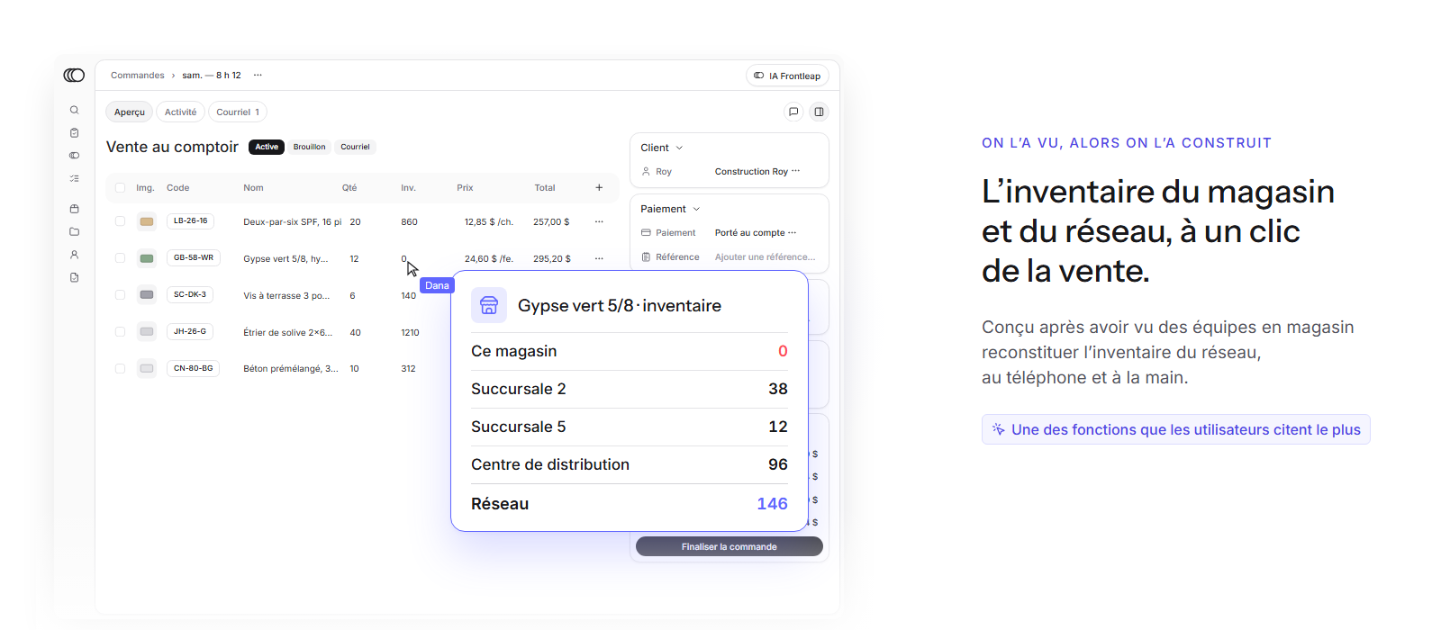L’espace de travail Frontleap, avec une vue de l’inventaire du réseau ouverte depuis la ligne de commande