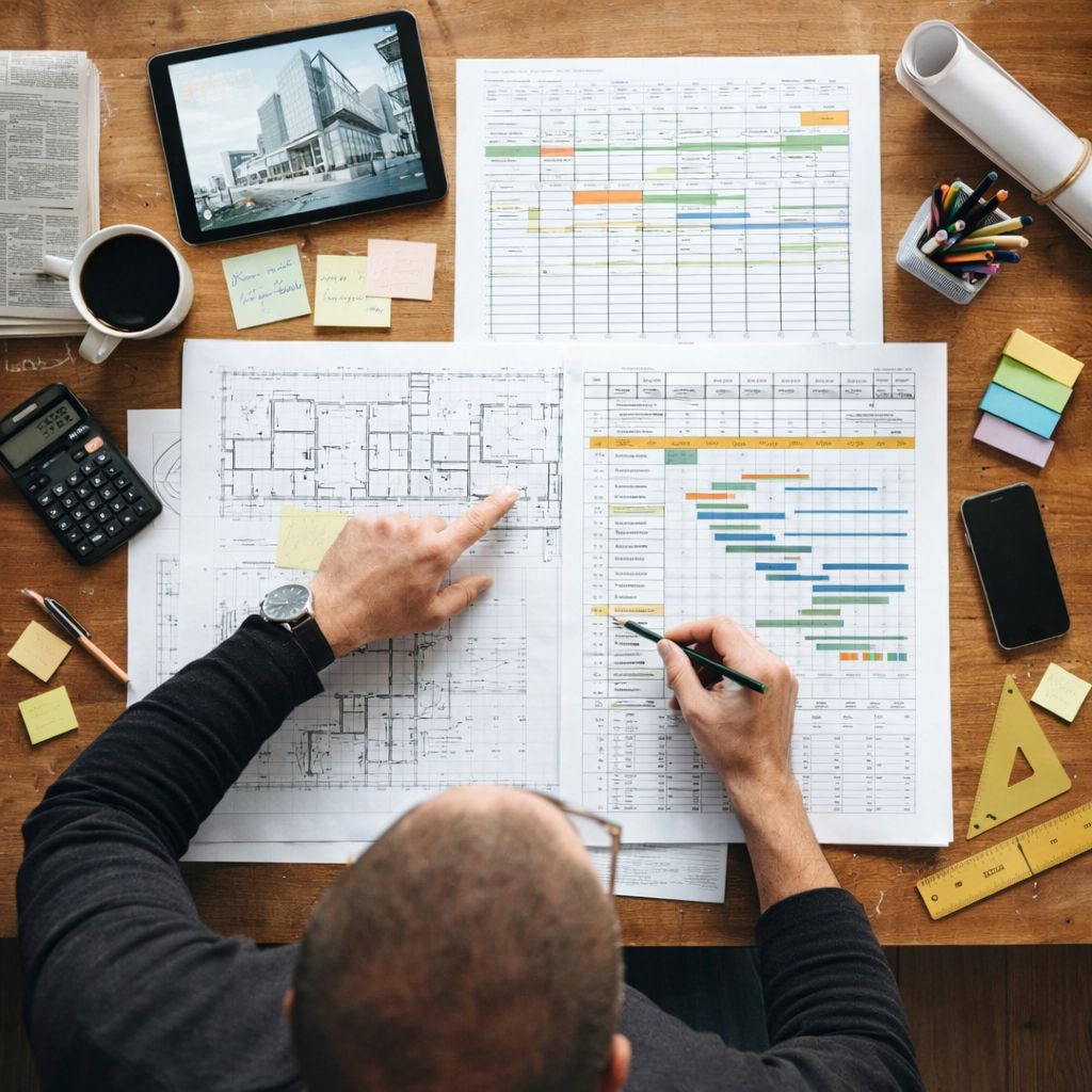 Person reviewing architectural floor plans and project schedules at a wooden desk with a tablet, coffee, calculator, pens, sticky notes, and drafting tools.