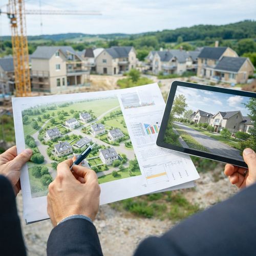Two people holding a printed housing development plan and a tablet showing a 3D digital rendering of houses, with a construction site and residential buildings in the background.