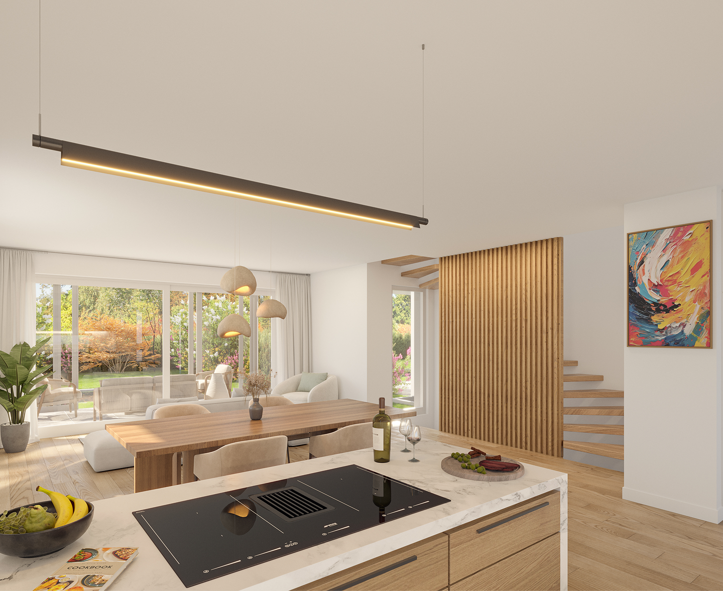 Modern open-plan kitchen and living area with wooden dining table, white chairs, hanging lights, and large glass doors overlooking a garden.