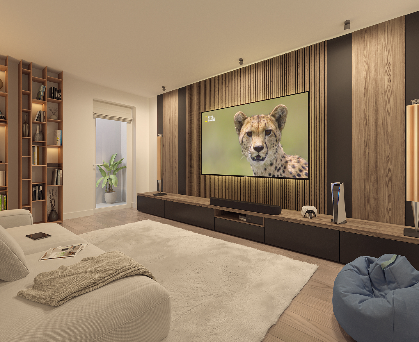 Modern living room with wooden accent wall, large flat screen TV showing a cheetah, beige sofa, white fluffy rug, and blue bean bag chair.