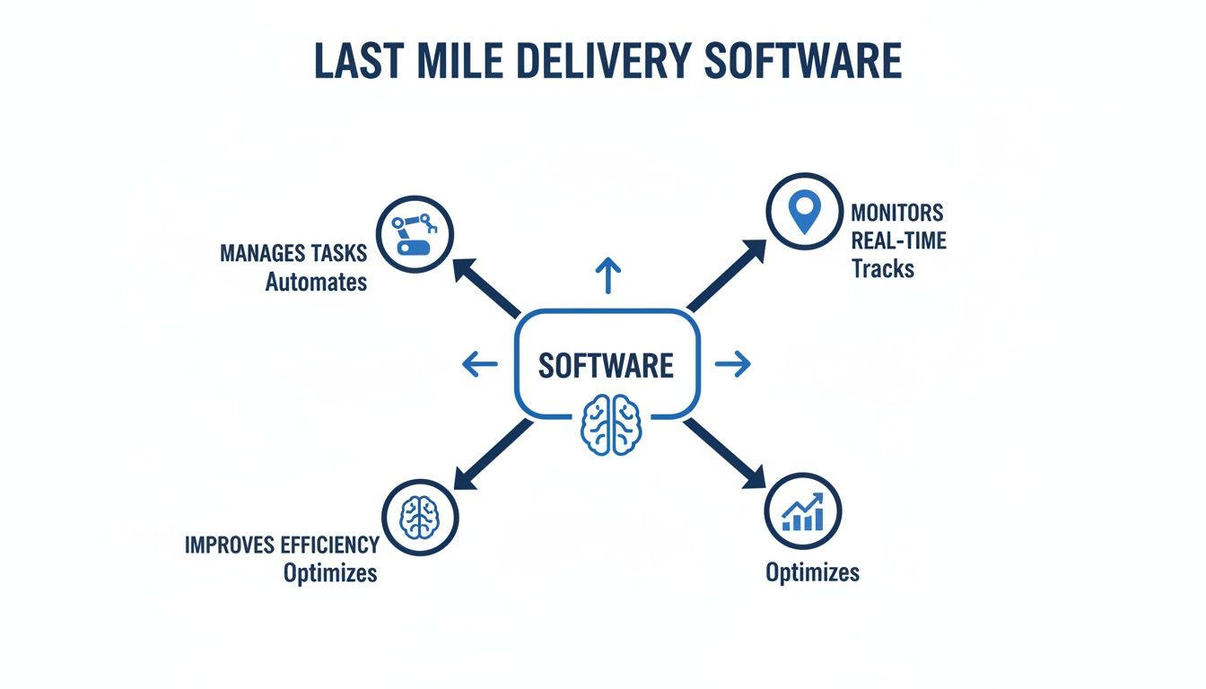 Diagram illustrating last mile delivery software managing tasks, monitoring real-time tracking, and optimizing efficiency.