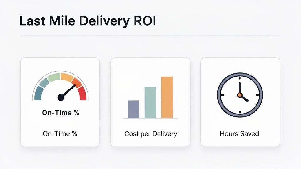 A dashboard titled 'Last Mile Delivery ROI' with metrics: On-Time %, Cost per Delivery, and Hours Saved.