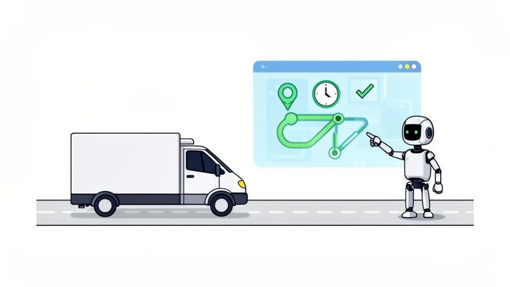 A robot points to a digital map on a screen, showing an optimized delivery route for a white truck.