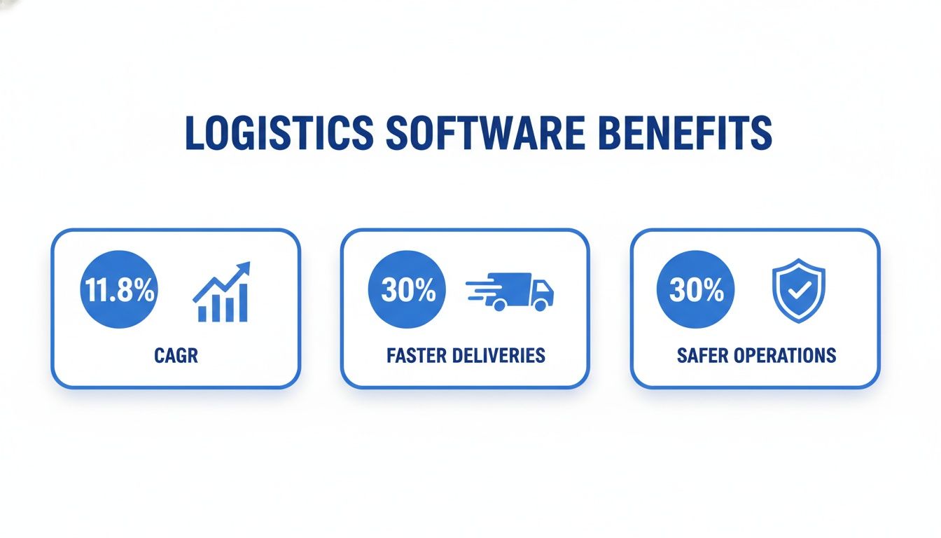 Infographic showing logistics software benefits: 11.8% CAGR, 30% faster deliveries, and 30% safer operations.