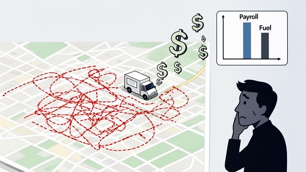 A worried man observes a delivery truck on a map with an inefficient route, showing high payroll and fuel costs.