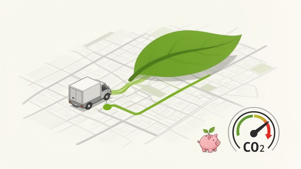Eco-friendly last mile delivery: truck on map, green route, CO2 meter, and savings piggy bank.