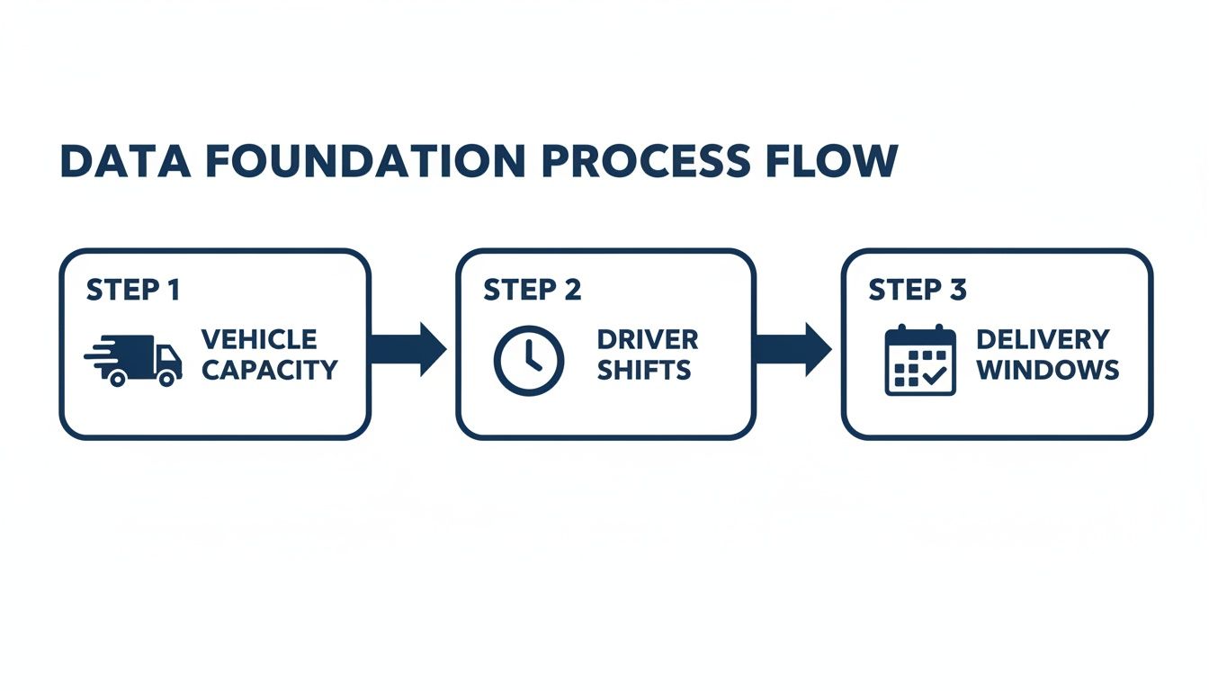 A process flow diagram illustrating data foundation steps: vehicle capacity, driver shifts, and delivery windows.