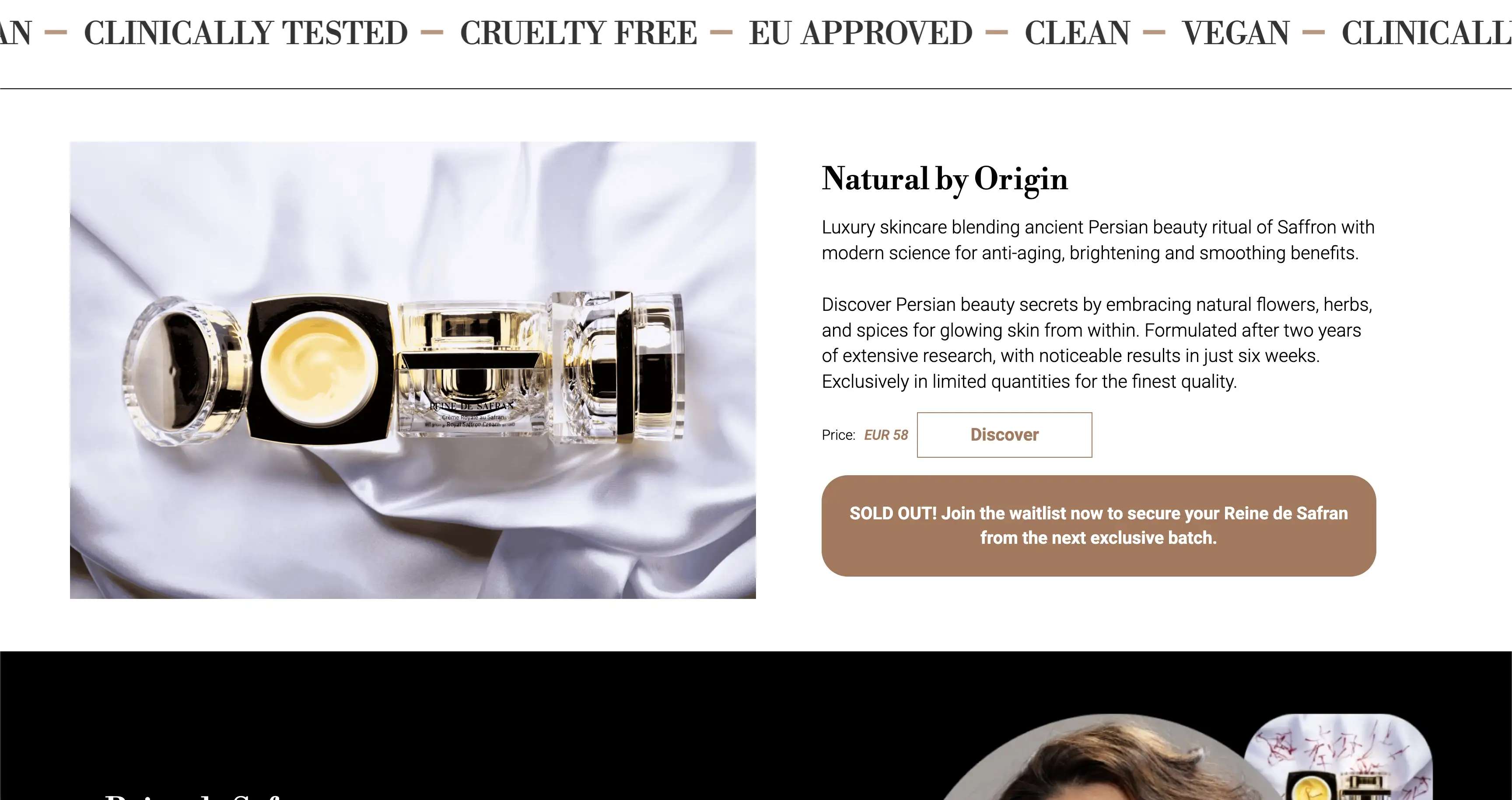 Luxury skincare jars with cream on white satin fabric, promoting natural Persian beauty product.