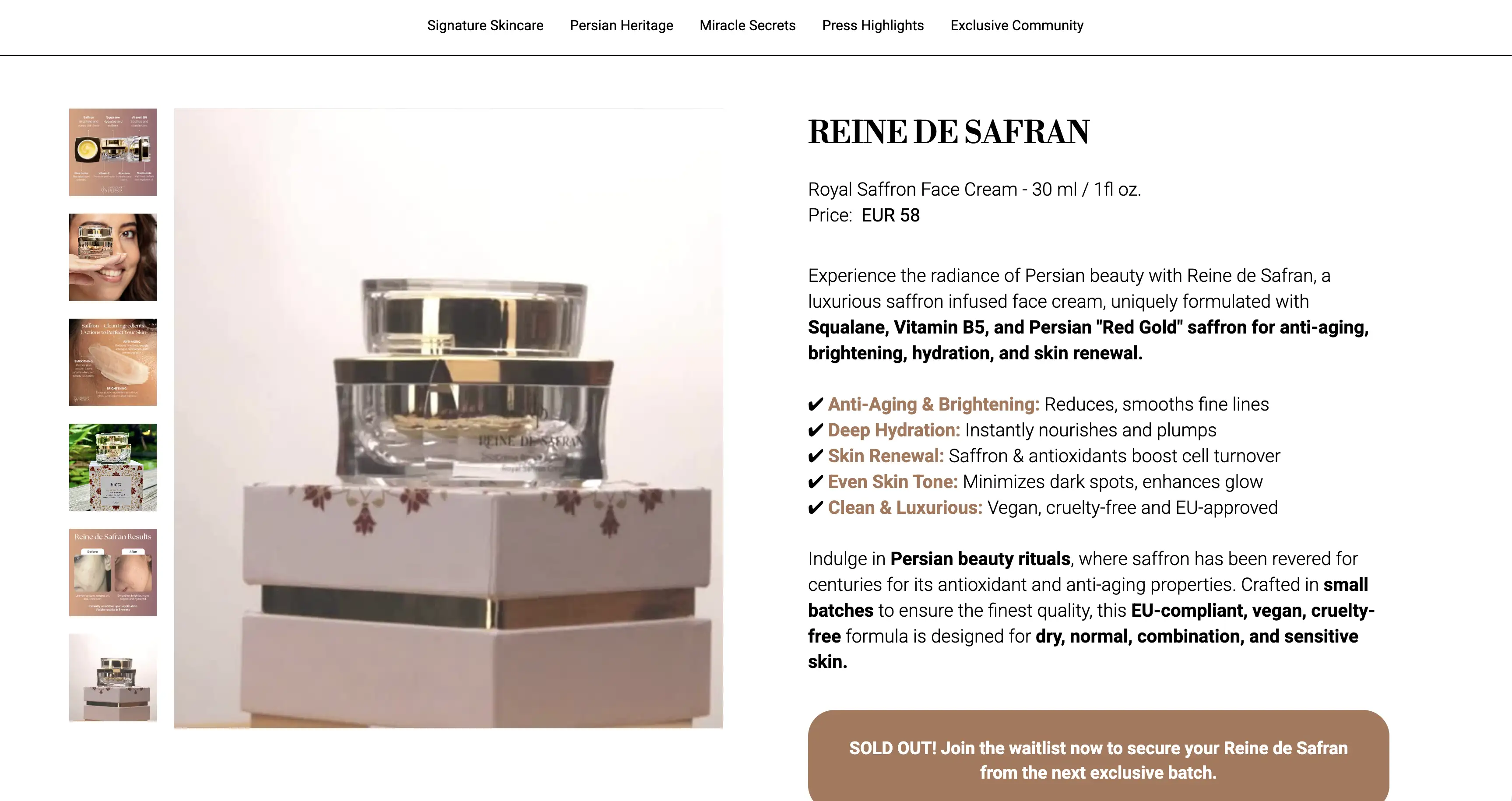Jar of Reine de Safran Royal Saffron Face Cream displayed on a decorative box with product benefits and sold out notice on the right.
