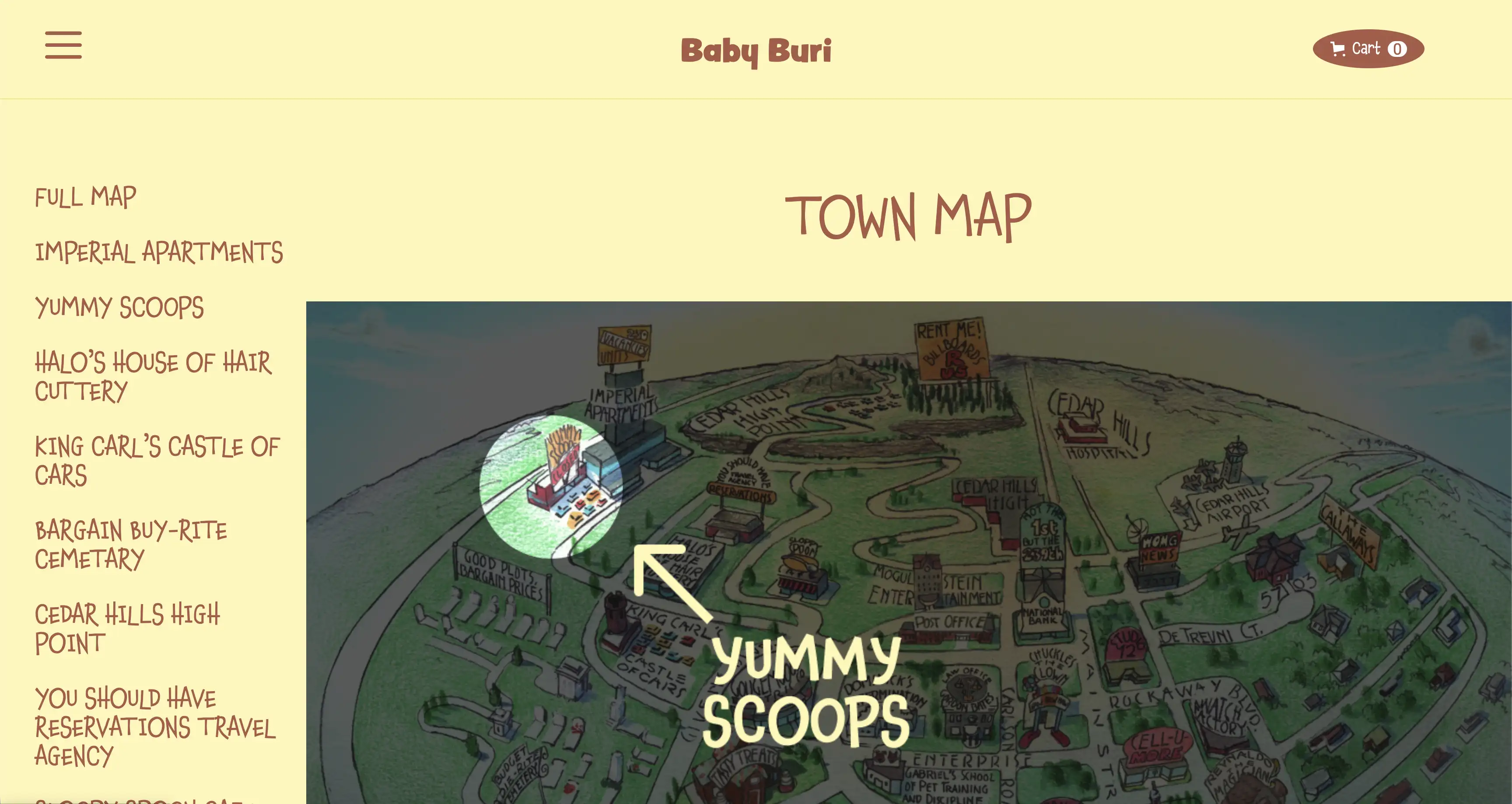 Hand-drawn town map highlighting Yummy Scoops ice cream shop with an arrow and glow effect, framed by a menu list on a pale yellow background.