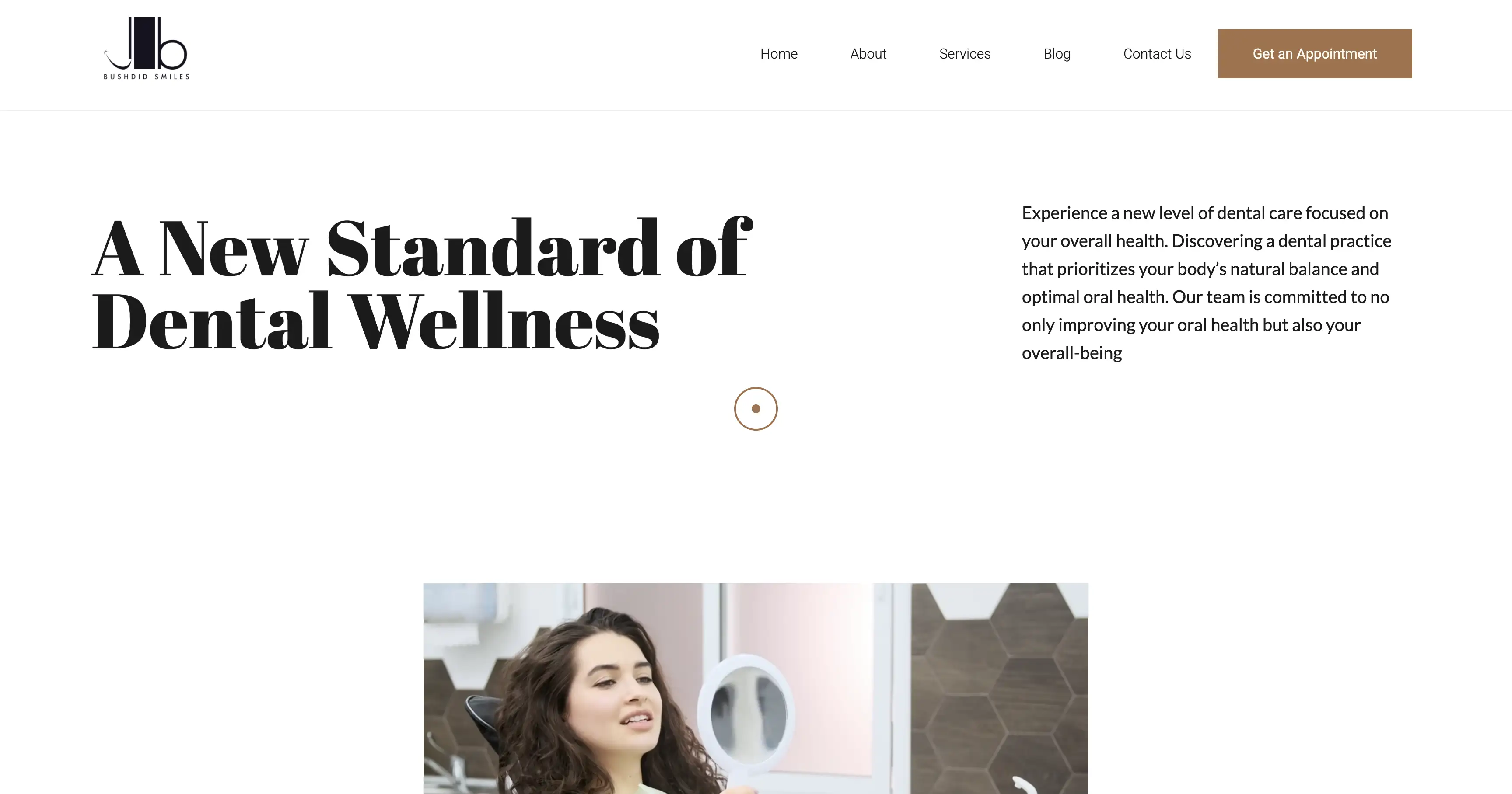 Dental website homepage featuring a confident woman holding a mirror, with text highlighting dental wellness and a navigation menu.